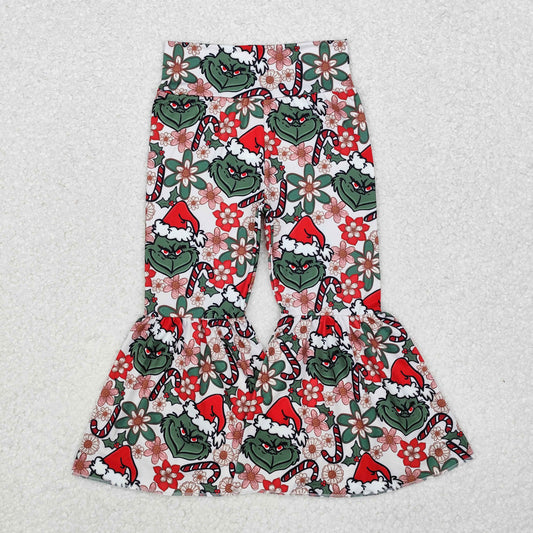 P0631 Green Frog Flowers Candy Cane Print Girls Christmas Bell Bottom Pants