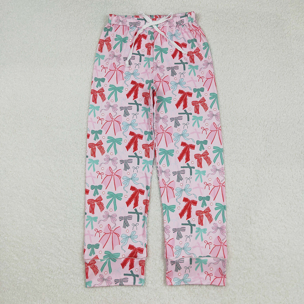 P0766 Adult Green Pink Red Bows Print Woman Christmas Bottom Pajamas Pants
