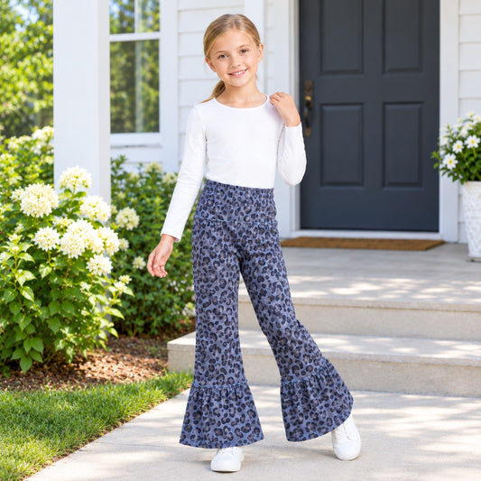 P1055 Leopard Print Ruffle Flare Active Girls Bottom Yoga Pants