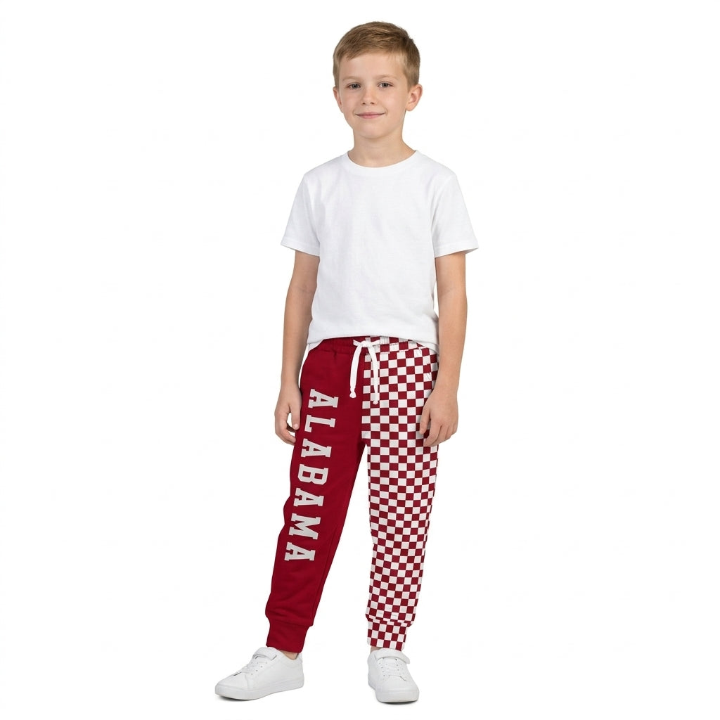 P1060 Teams Alabama Vinyl & Checkered Print Kids Bottom Joggers Split Pants
