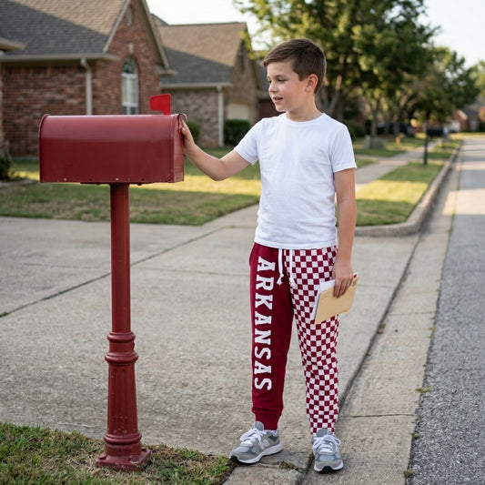 P1062  Teams Arkansas Vinyl & Checkered Print Kids Bottom Joggers Split Pants