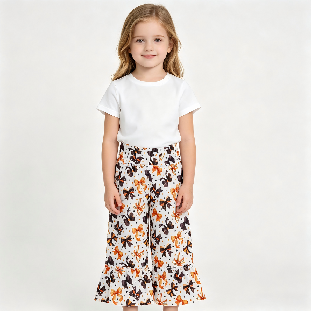 P1068 Orange Black Bow Star Print Girls Halloween Wide Leg Ruffle Pants