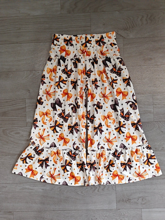 7.6 Preorder KIds Girls Halloween Orange Black Bow Star Print Wide Leg Pants
