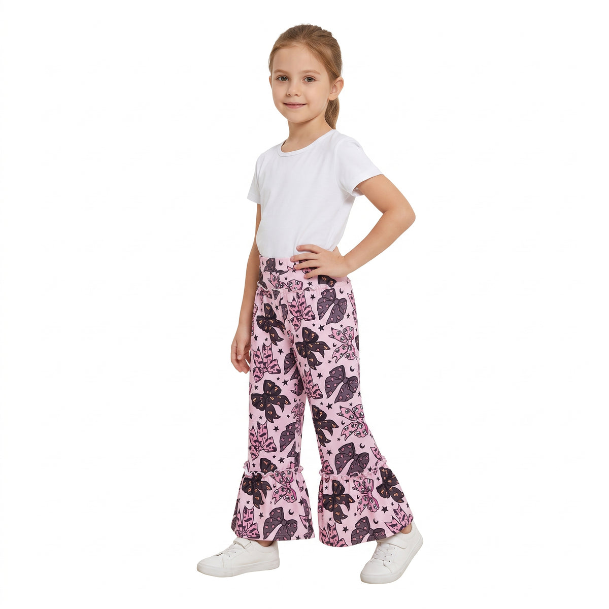 P1069 Pink Black Bow Moon Star Print Girls Wide Leg Ruffle Pants