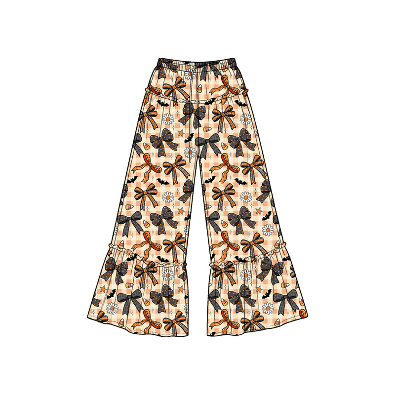 7.6 Preorder KIds Girls Plaid Daisy Bat Bow Print Wide Leg Pants
