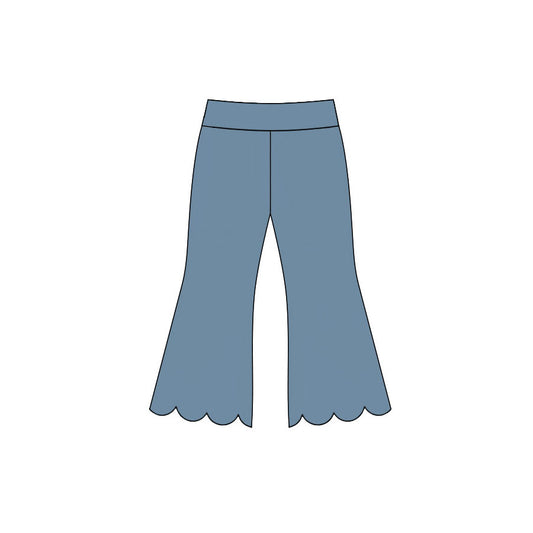 7.14 P1077 Preorder Blue Cotton Girls Scallop Edge Bell Bottom Pants