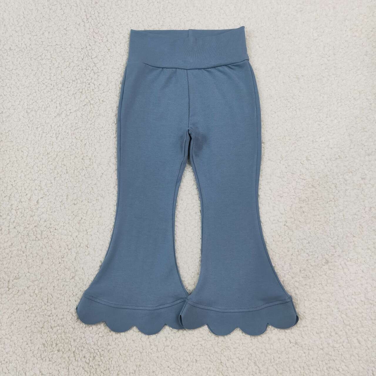 P1077 Blue Cotton Girls Scallop Edge Bell Bottom Pants