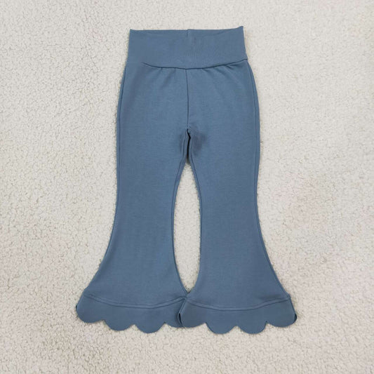 P1077 Blue Cotton Girls Scallop Edge Bell Bottom Pants