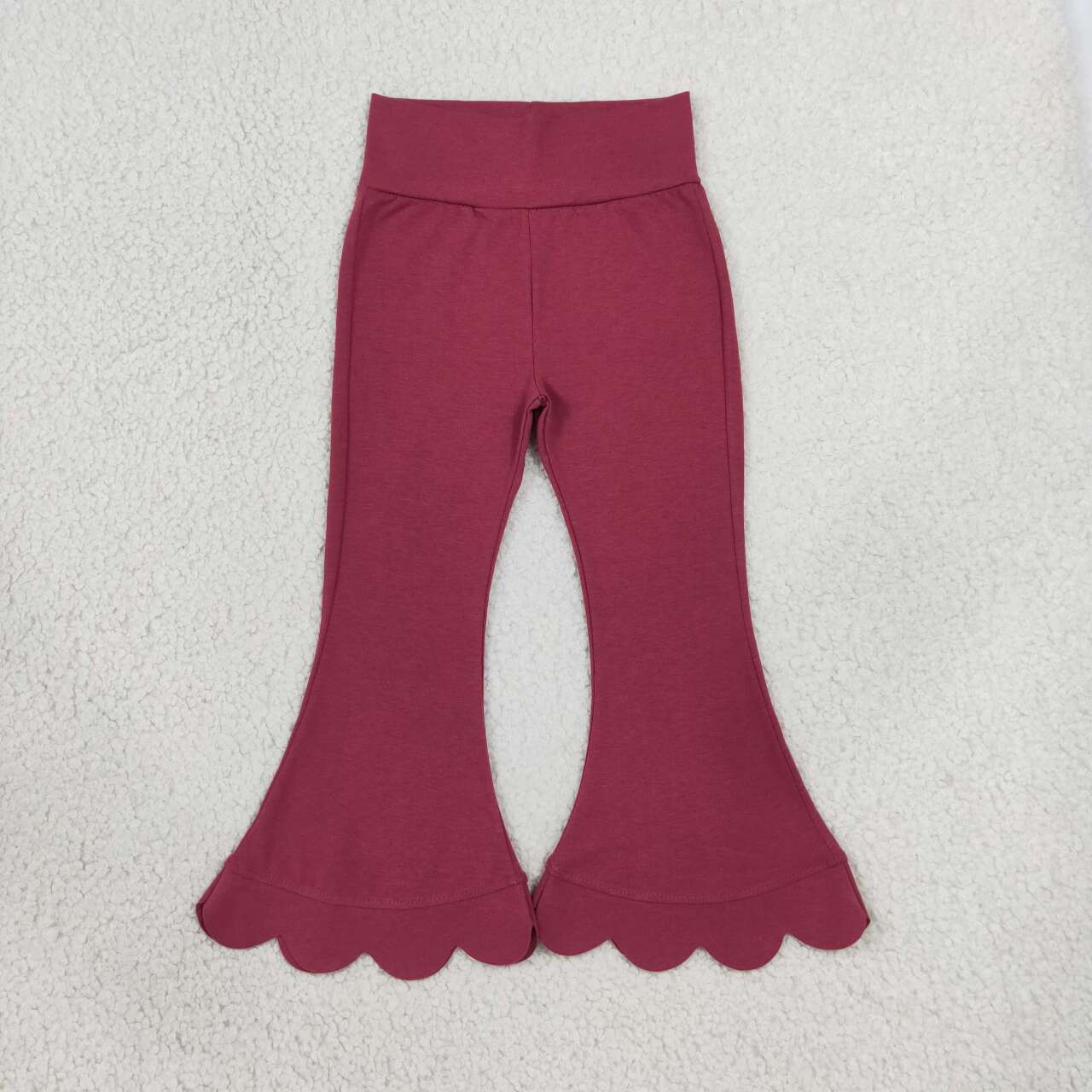 P1079  Burgundy Cotton Girls Scallop Edge Bell Bottom Pants