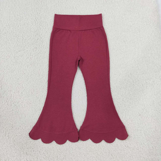 P1079  Burgundy Cotton Girls Scallop Edge Bell Bottom Pants