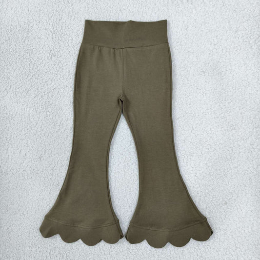 P1080 Olive Green Cotton Girls Scallop Edge Bell Bottom Pants