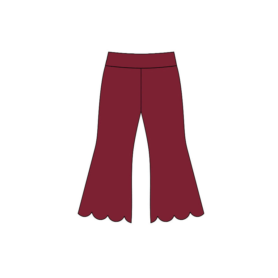 7.14 P1082 Preorder Wine Cotton Girls Scallop Edge Bell Bottom Pants