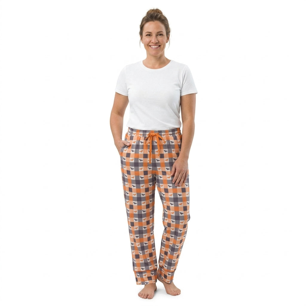 P1095 Adult Bat Checkered Print Women Halloween Pajamas Pants