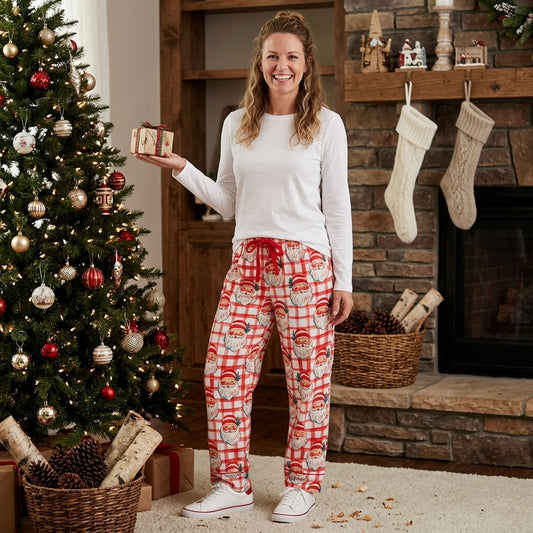 P1096 Adult Santa Checkered Women Christmas Pocket Pajamas Pants