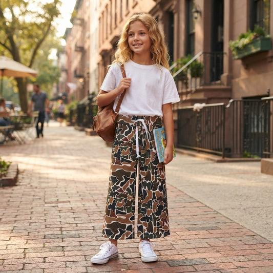 P1104 Brown Camo Print Girls Bottom Yoga Pockets Straight Pants