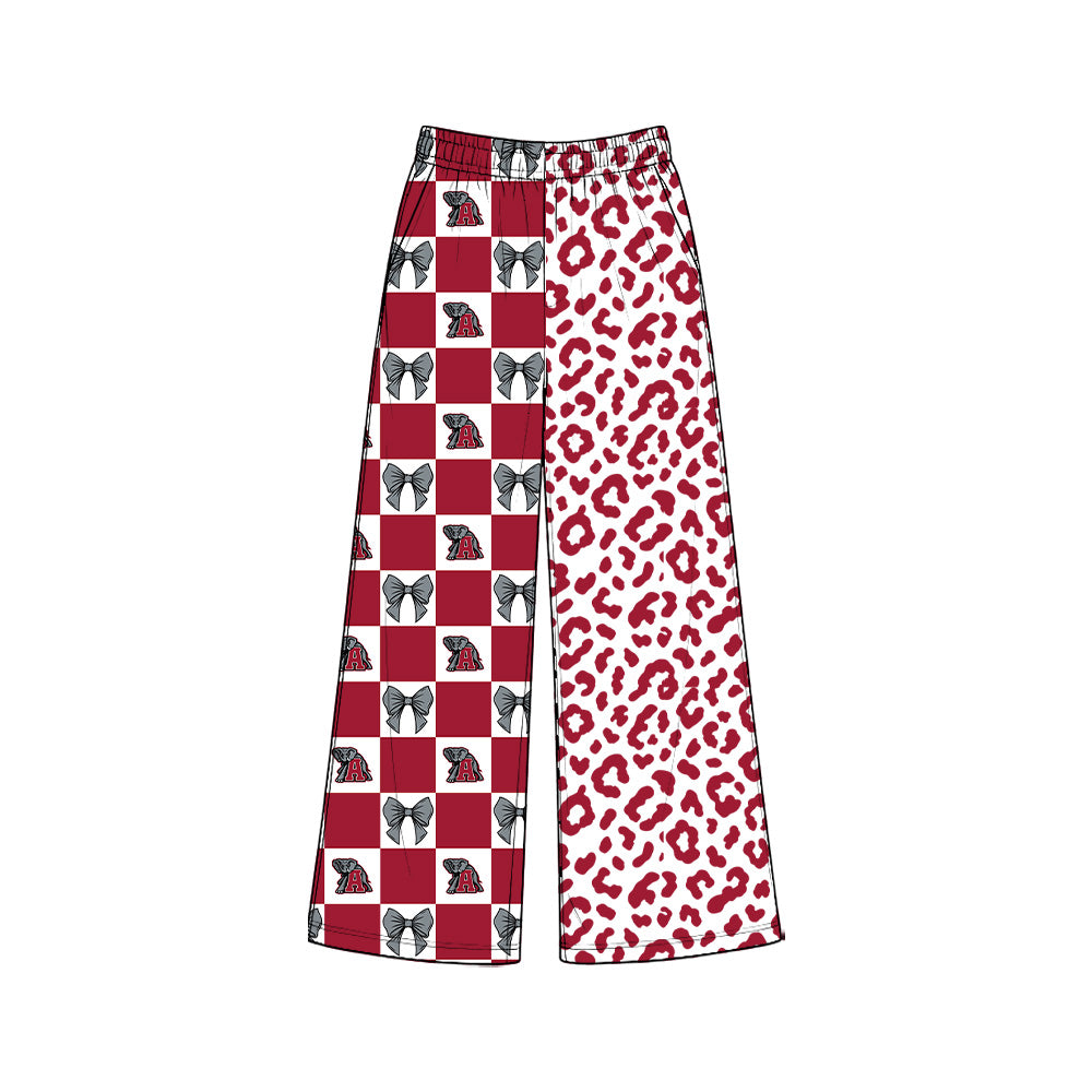 8.3 P1115 Preorder Adult Teams Alabama Bows Checkered Leopard Print Woman Bottom Pockets Straight Pants