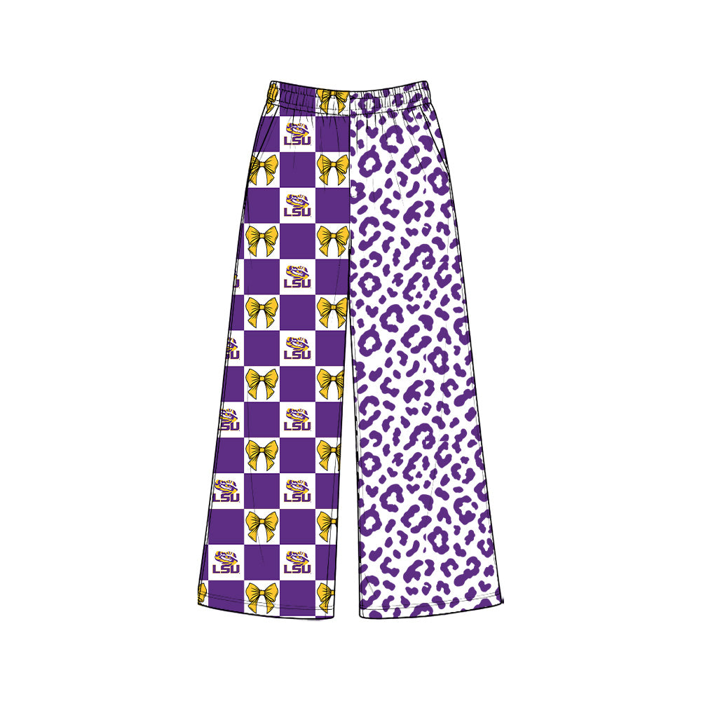 8.3 P1116 Preorder Adult Teams Louisiana Bows Checkered Leopard Print Woman Bottom Pockets Straight Pants