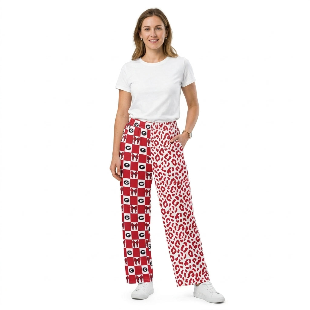 P1118 Adult Teams Georgia Bows Checkered Leopard Print Woman Bottom Pockets Straight Split Pants