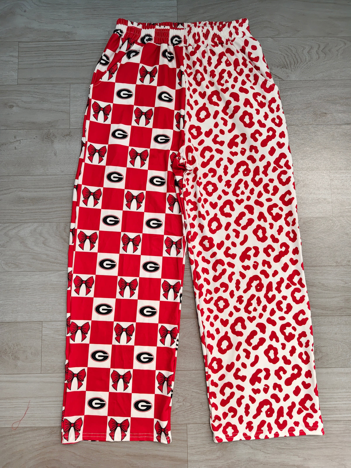 8.3 P1118 Preorder Adult Teams Georgia Bows Checkered Leopard Print Woman Bottom Pockets Straight Pants
