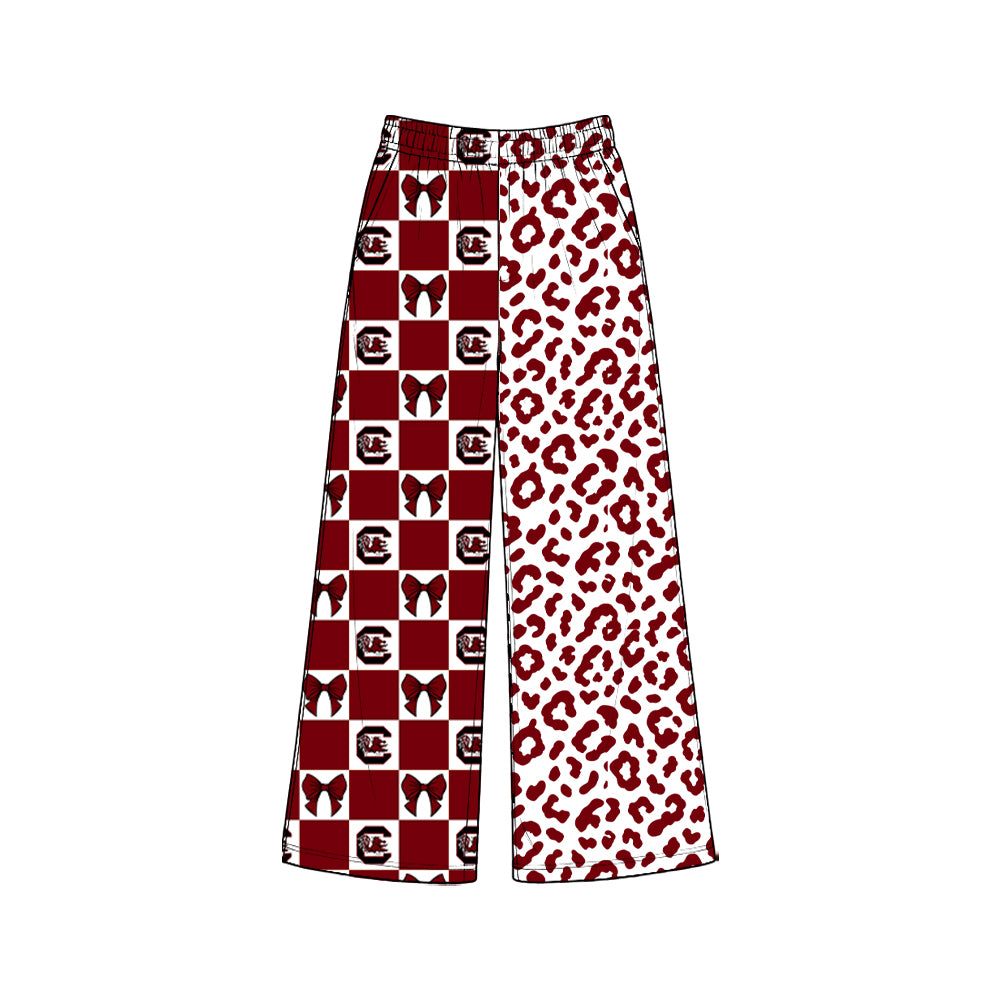 8.3 P1119 Preorder Adult Teams Gamecock Bows Checkered Leopard Print Woman Bottom Pockets Straight Pants