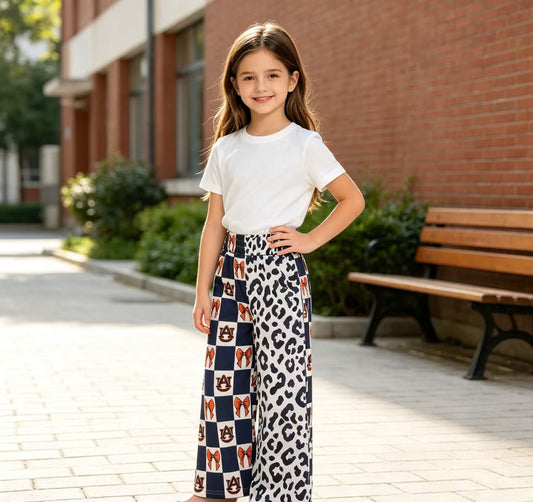 P1120 Teams Auburn Bows Checkered Leopard Print Girls Bottom Pockets Straight Split Pants