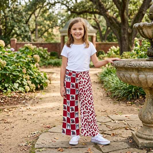P1123 Sport Teams Alabama Bows Checkered Leopard Print Girls Bottom Pockets Straight Split Pants