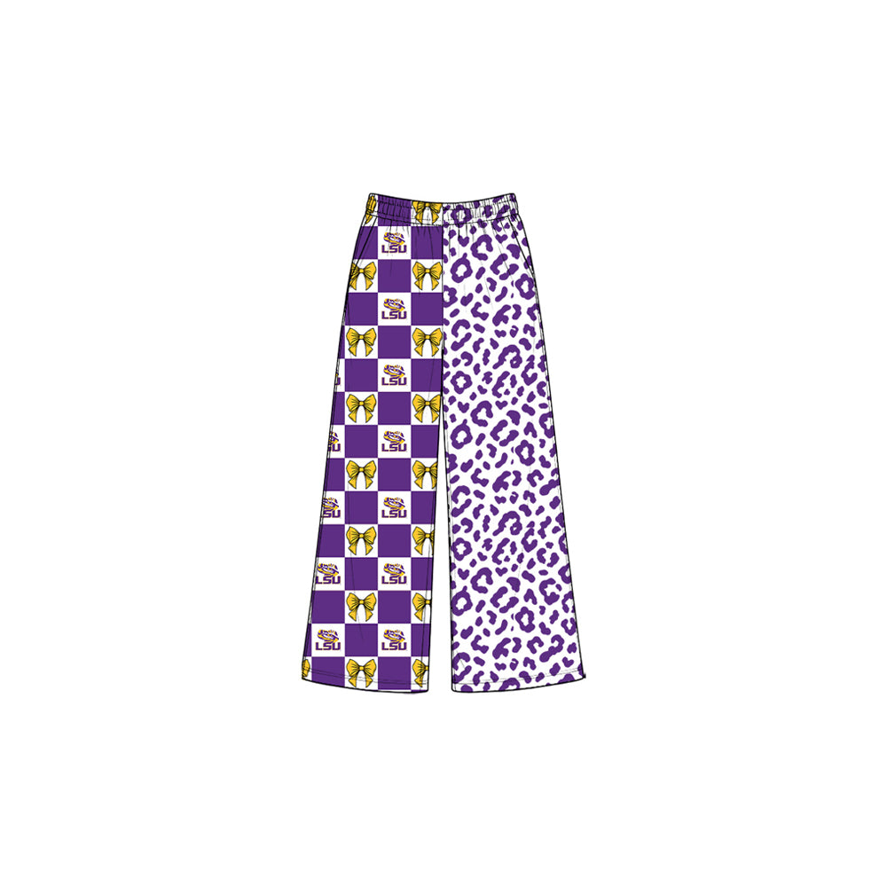 8.3  P1124 Preorder Teams Louisiana Bows Checkered Leopard Print Girls Bottom Pockets Straight Pants
