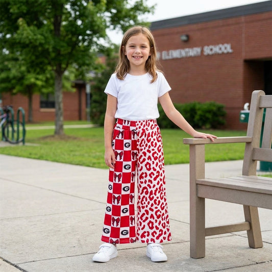 Teams Georgia Bows Checkered Leopard Print Girls Bottom Pockets Straight Pants