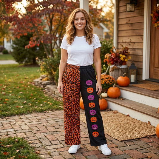 P1132 Adult Leopard & Pumpkin Print Woman Halloween Wide Leg Straight Split Pants