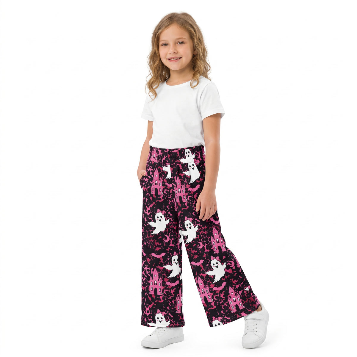 P1134 Leopard Ghost Haunted Castle Bat Pink Baby Girls Wide Leg Pockets Pants