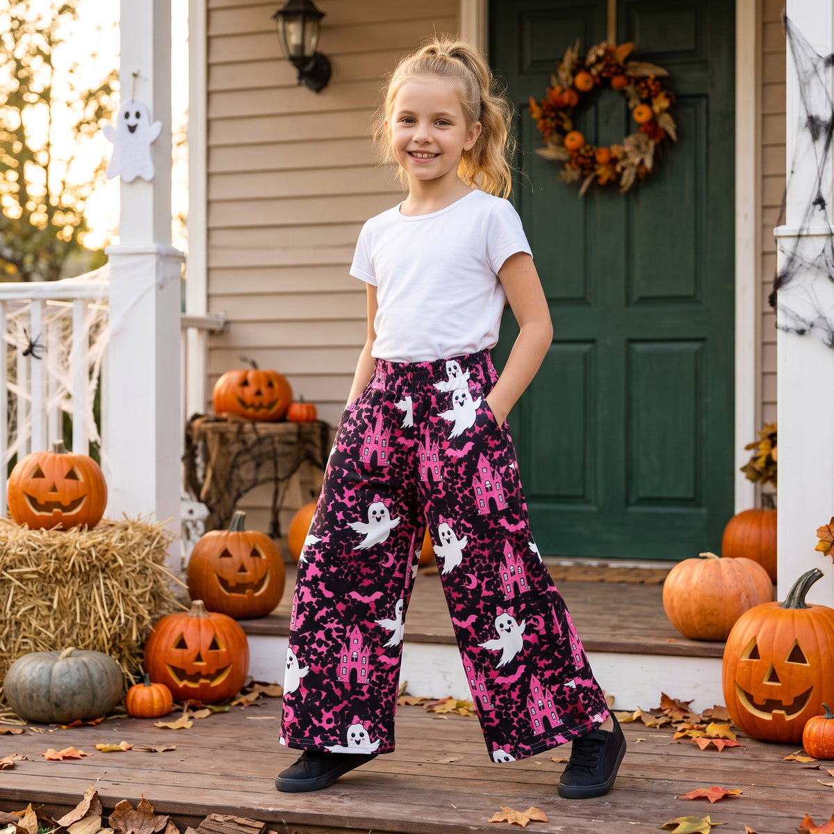 P1134 Leopard Ghost Haunted Castle Bat Pink Baby Girls Wide Leg Pockets Pants