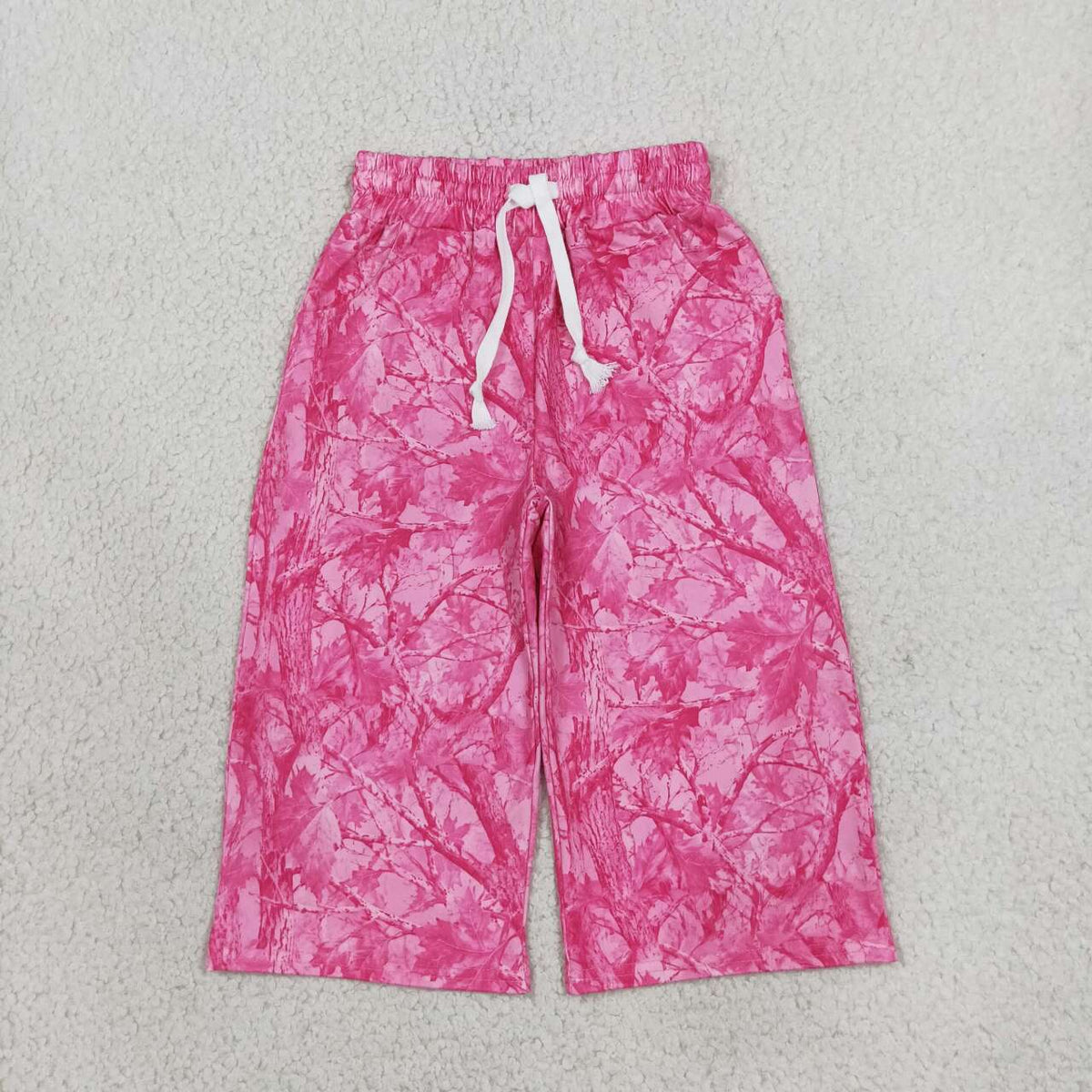 P1137 Pink Branch Print Girls Bottom Pockets Straight Pants
