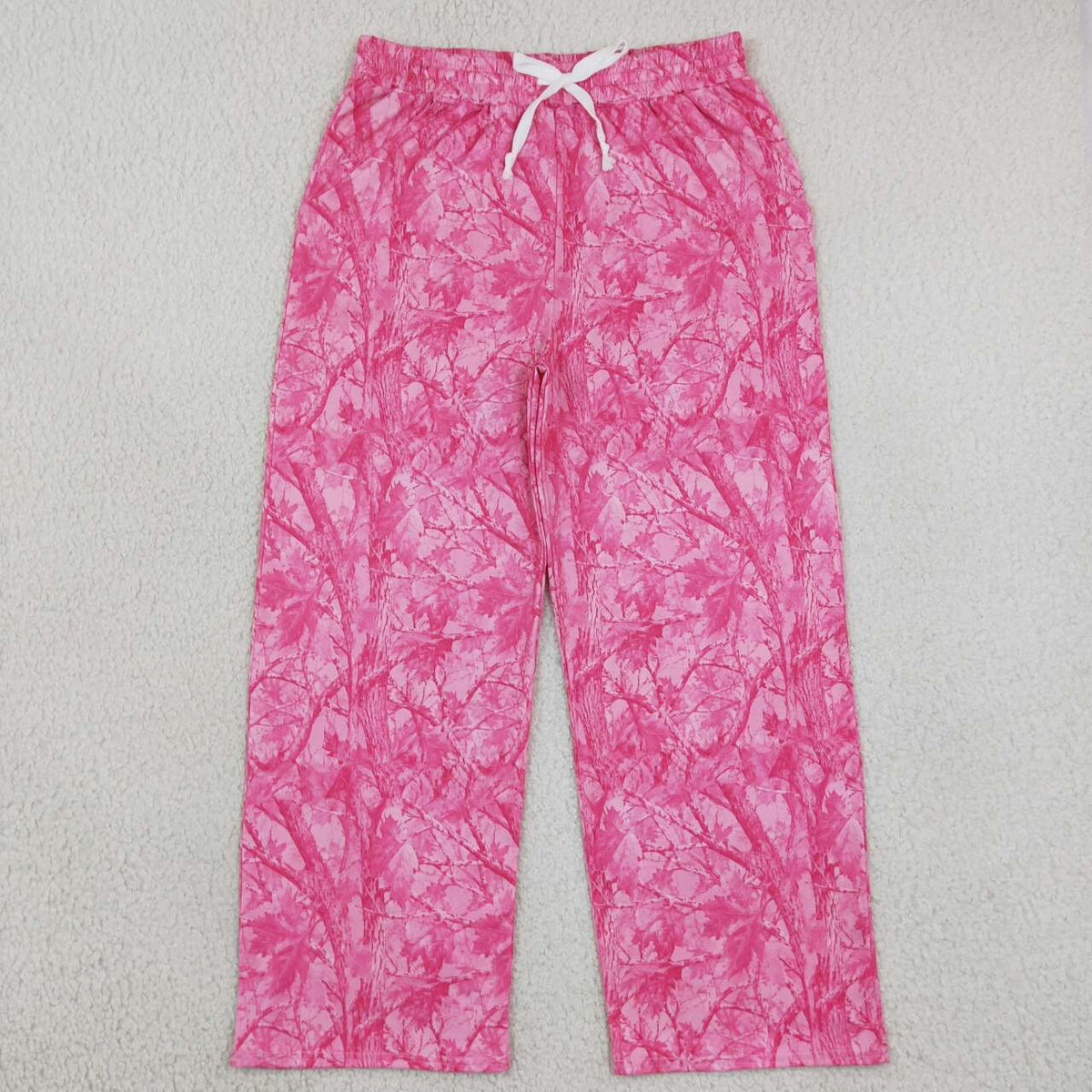P1138 Adult Pink Branch Print Woman Bottom Pockets Straight Pants
