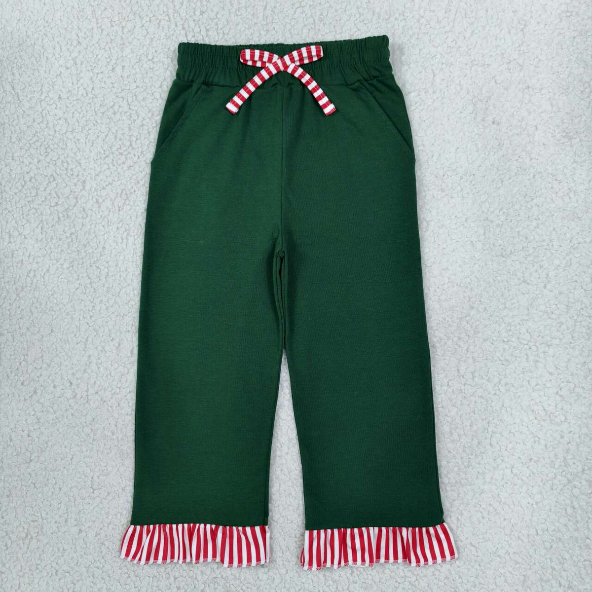 P1158 Baby Girls Green Pocket Pants With Red Ruffle