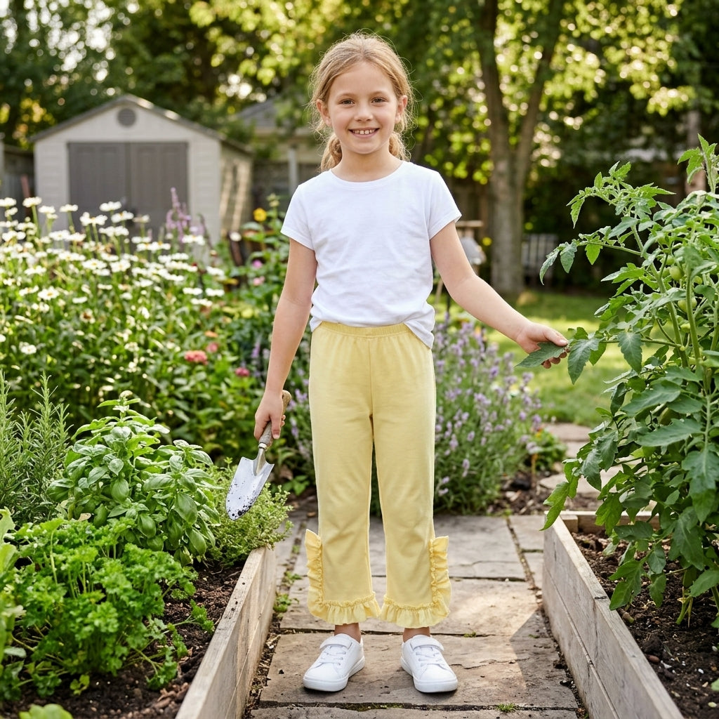 P1163 Yellow Cotton Girls Ruffle Bottom Pants