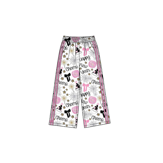 8.19 P1172 Preorder Cheers Stars Pink Bows Print Girls Happy New Year Bottom Straight Yoga Pants