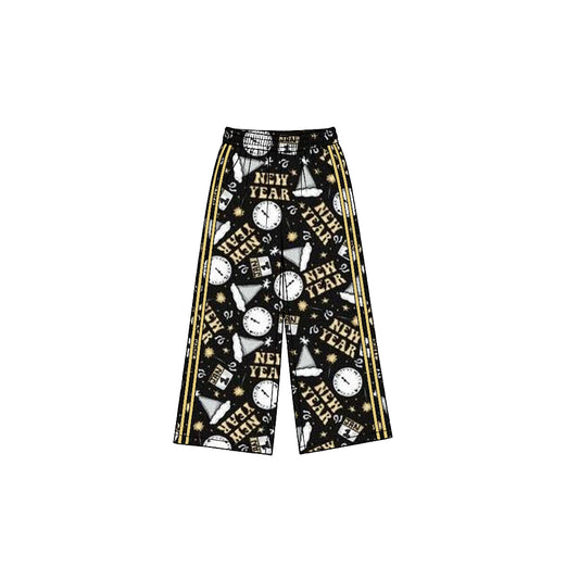 8.19 P1173 Preorder Jan 1 Stars Black Print Girls Happy New Year Bottom Straight Yoga Pants