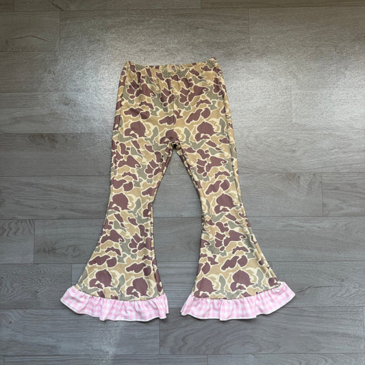8.20 P1183 Preorder Brown Green Camo Print Girls Bell Bottom Pants