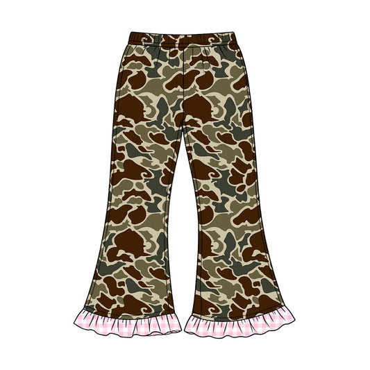 8.20 P1189 Preorder Dark Brown Green Camo Print Girls Bell Bottom Pants