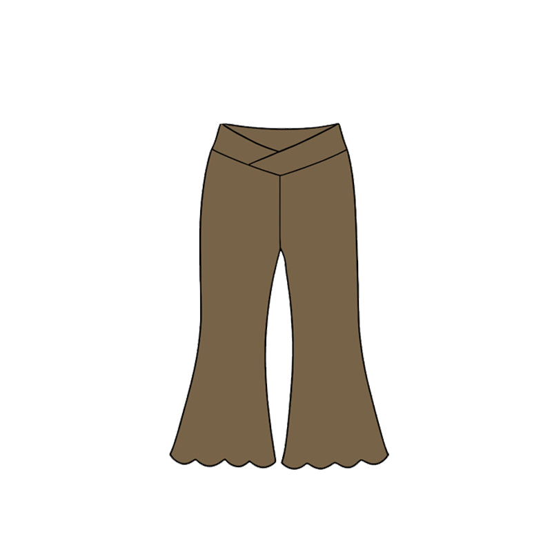 8.26 Preorder P1215 Kids Girls  Solid Brown Cross Wrap Waist Scalloped Flare Bell Bottom Active Pants