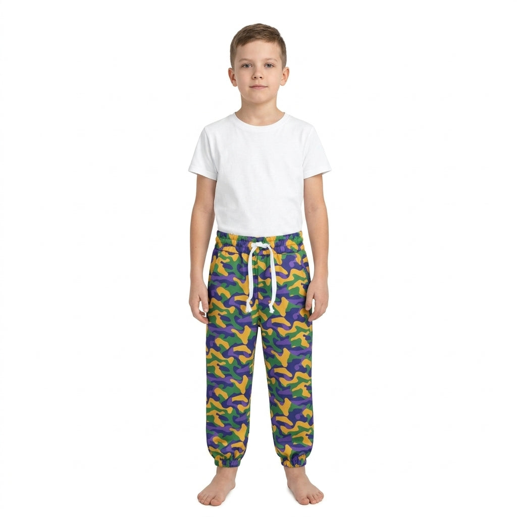 P1248 Purple Green Yellow Camo Print Baby Boys Bottom Mardi Gras Jogger Pants