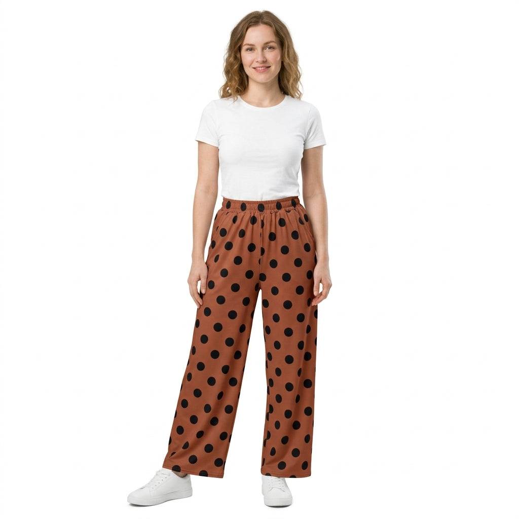 P1250 Adult Brown Dots Print Pockets Woman Bottom Straight Pants