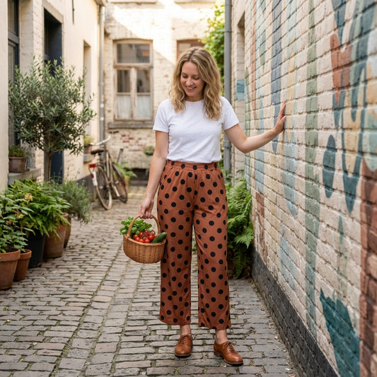 P1250 Adult Brown Dots Print Pockets Woman Bottom Straight Pants