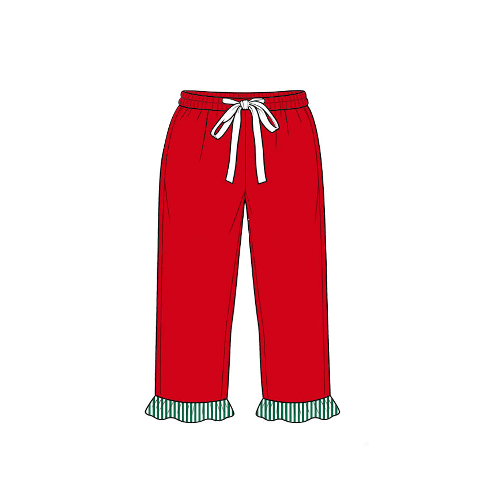 9.17P1252 Preorder Kids Girls Red Pants with Green Striped Ruffle