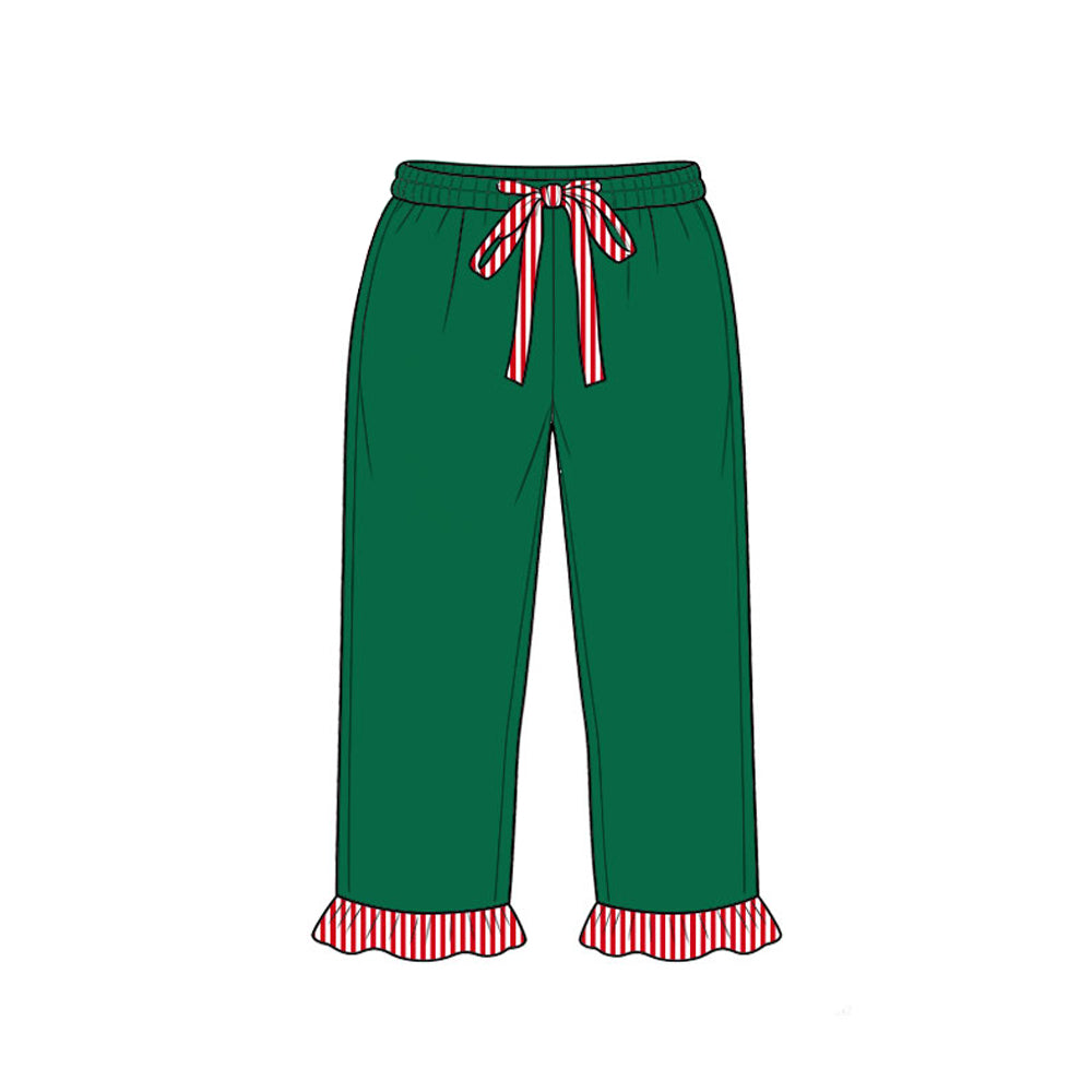 P1254 Preorder Kids Girls Green  Pants with Red Striped Ruffle