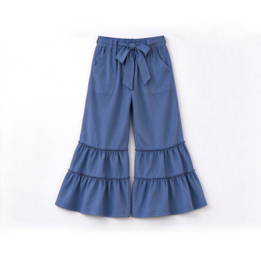 10.5 Preorder P1269 Tiered Ruffle Flare Pants Bow Tie Wide Leg Girls Bottom Trousers with Pockets