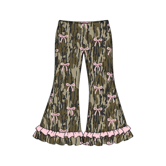 10.17 Preorder P1293 Pink Bows Camo Print Girls Bell Bottom Ruffle Pants