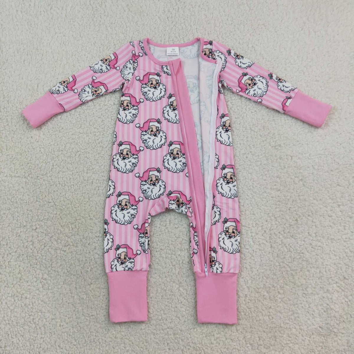 LR3125 Santa Pink Stripes Print Baby Girls Christmas Zipper Sleeper Romper