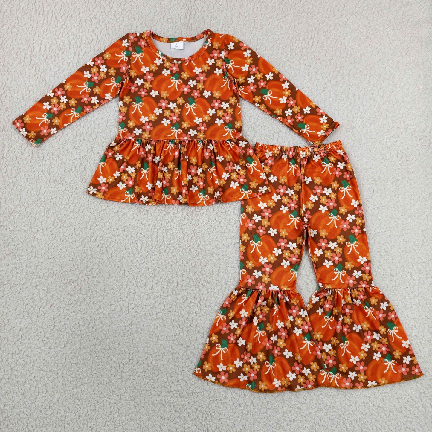 GLP3343 Toddler Girls Pumpkin Flowers Outfits Long Sleeve Top +Bell Bottom Pants Set
