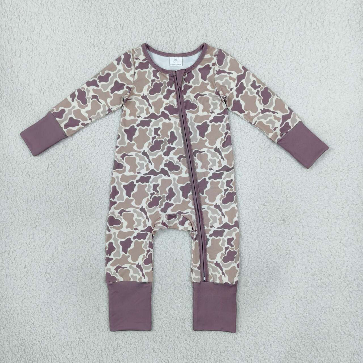 LR2948 Baby Boys Brown Camo Long Sleeve Zipper Romper